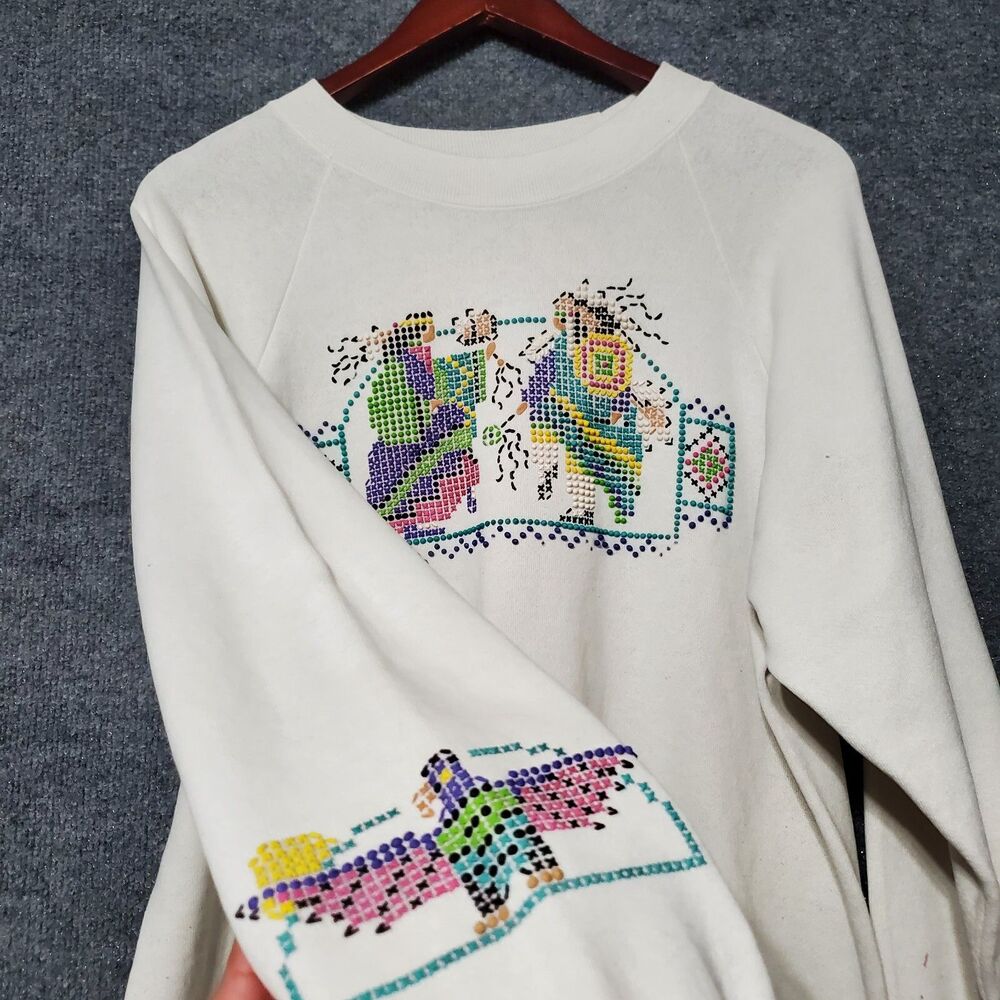 Vintage Native American Sweatshirt Adult L Beaded Colorful Tribal Aztec Eagle